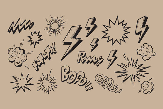 Collection of hand drawn comic book style sound effects and explosions