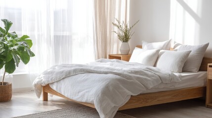 minimalistic bright bedroom interior, white linen bedding, wooden bed frame, natural light through sheer curtains, warm tones, indoor plant in corner