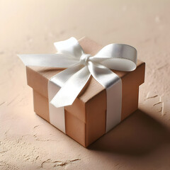 Small gift box with white ribbon on beige textured background
