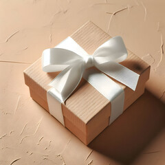 Small gift box with white ribbon on beige textured background