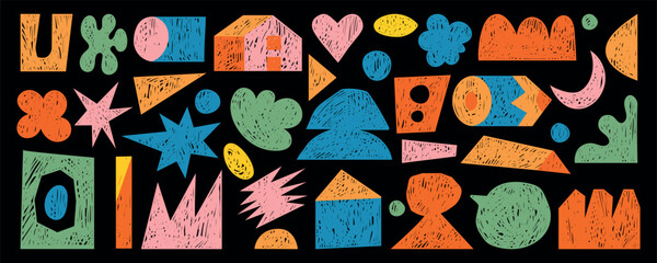 Crayon drawn isometric geometric shapes in retro style. Playful funky childish figures with pencil texture.  Heart, pencil, house, pyramid, cylinder, star. Flat vector set for creative and educational
