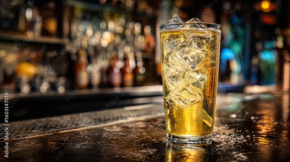 Poster a glass of beer with ice, sitting on a bar counter with reflections from the ice cubes and golden li