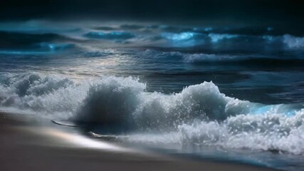 glowing wave crashing on sand beach at night with white foam splashing water  - Powered by Adobe