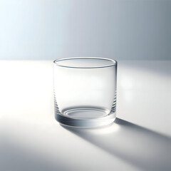  Thin transparent glass cup on white surface, soft natural shadow, minimal style