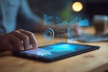 Fototapeta premium A person interacts with a digital tablet displaying complex data visualizations, suggesting analysis and future planning within a modern workspace.