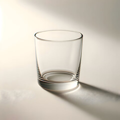 Thin transparent glass cup on white surface, soft natural shadow, minimal style