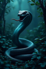 Naklejka premium Green snake swimming in jungle water cartoon illustration