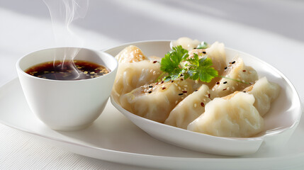 Steaming pot stickers sit beside a bowl of sauce on a white plate, garnished with fresh herbs.