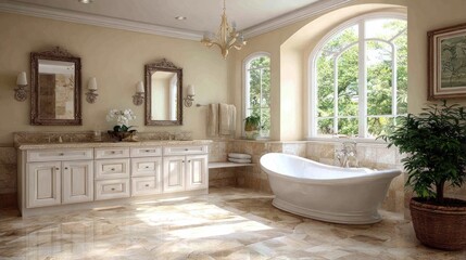 Luxurious bathroom with double vanity and soaking tub.