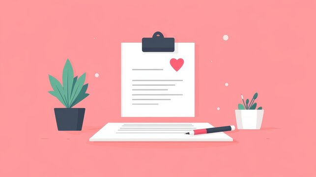 Minimalist illustration of a clipboard with a heart symbol, papers, a pen, and two potted plants on a pink background.