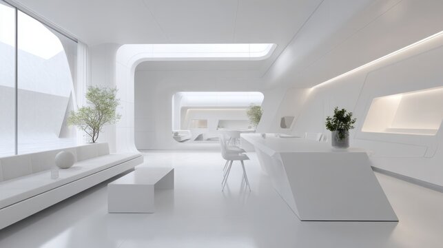 ultra minimal clean white interior, no clutter, sharp geometry, smooth surfaces, soft shadows, sterile