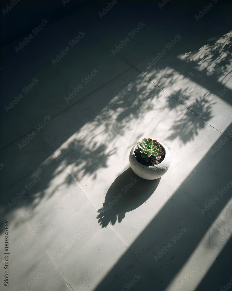 Poster succulent plant in a round white pot sits on a gray floor, casting intricate shadows from sunlight s