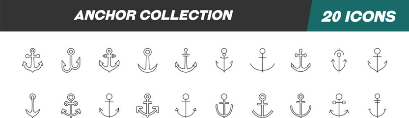 Collection of Line Icons of anchor. Suitable for books, stores, shops. Editable stroke in minimalistic outline style. Symbol for design
