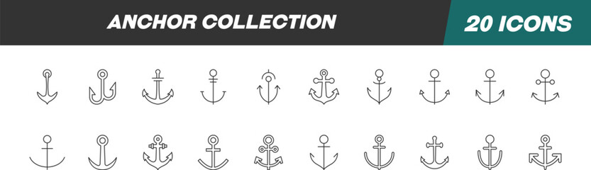 Collection of Icons of anchor for Shops and Stores. Suitable for books, stores, shops. Editable stroke in minimalistic outline style. Symbol for design