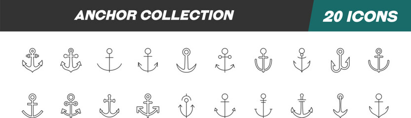 Collection of icons of anchor for Advertisement. Suitable for books, stores, shops. Editable stroke in minimalistic outline style. Symbol for design