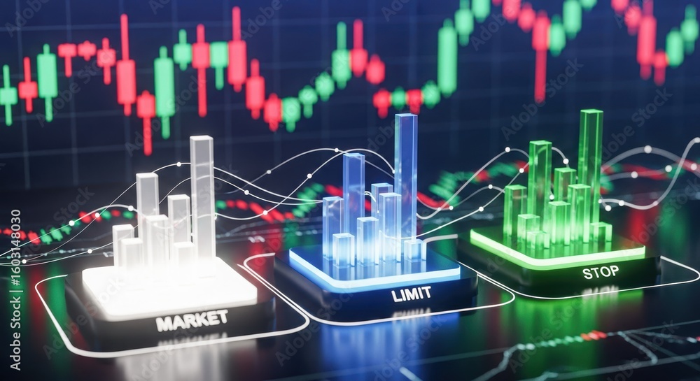 Poster abstract 3d bar charts representing financial market performance with stock candlestick graph backgr