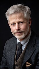 Fototapeta premium Confident man in his late thirties wearing a dark suit and purple tie stares at the camera with soft lighting highlighting his features