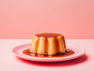 A perfectly set flan adorned with a generous drizzle of caramel sauce presented on a light pink plate