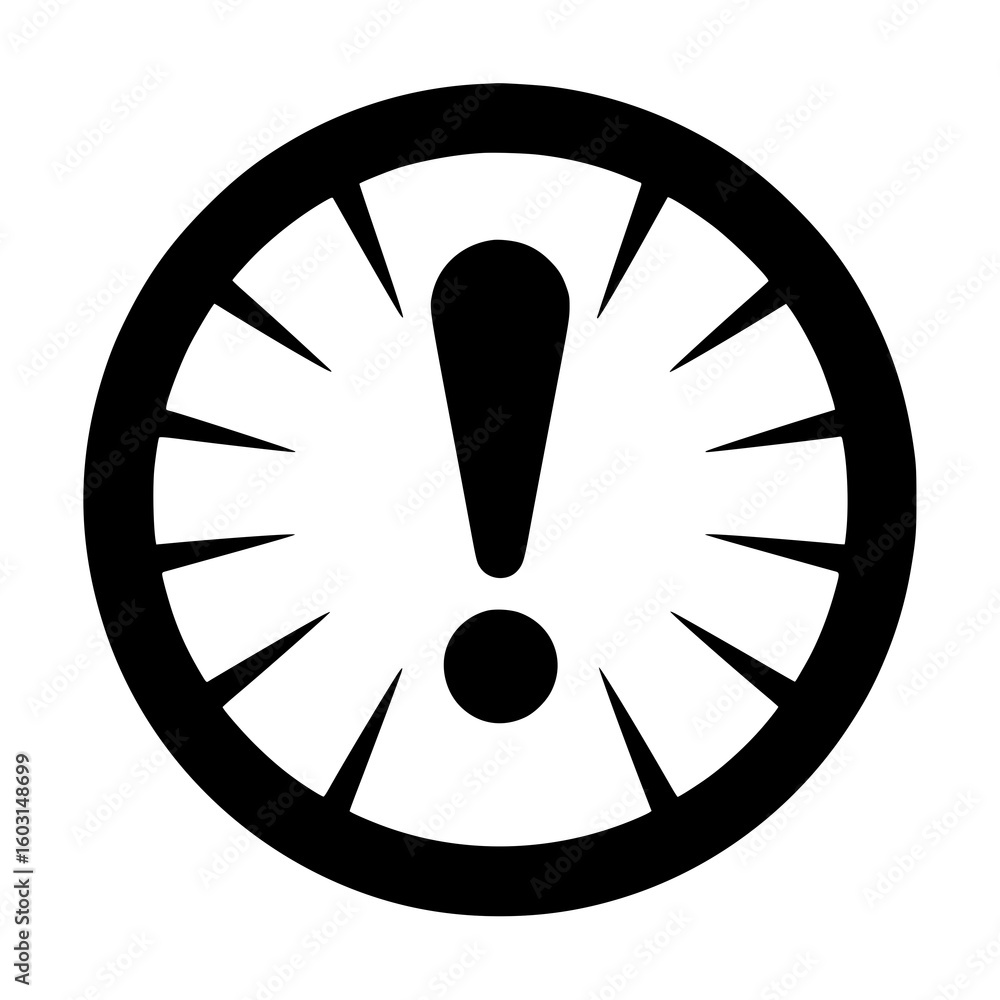 Poster alert symbol: a bold monochrome illustration features a prominent exclamation mark within a circular