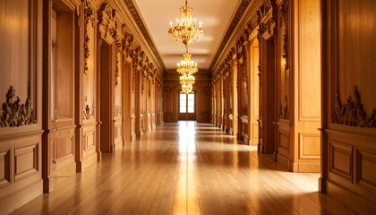 Grand wooden hallway with light streaming in