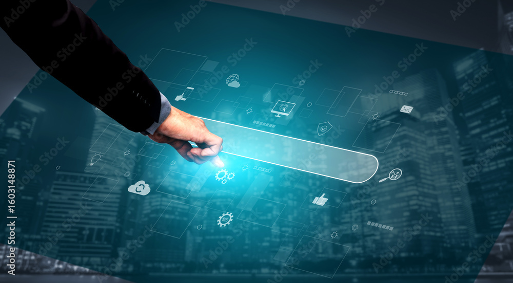 Poster search engine interface for accessing digital information and online data. search engine finds data,