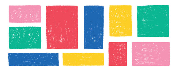 Set of colorful square and rectangle text boxes with rough crayon texture. Hand drawn geometric shapes in playful, childlike style. Memo frames, sketchy banners, cute stickers and notes.