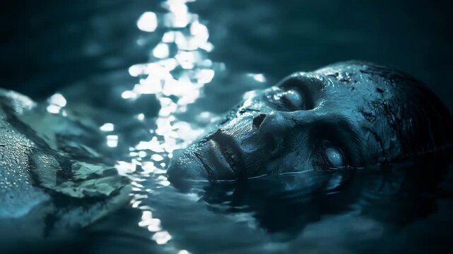 Zombie lying in the water, night, gloomy and gothic atmosphere