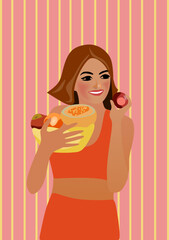 Smiling girl with basket of fruits, holding melon, orange, plum, apple, healthy lifestyle, vitality, bob hairstyle