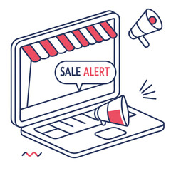 Digital laptop with sale alert and megaphones in modern style  