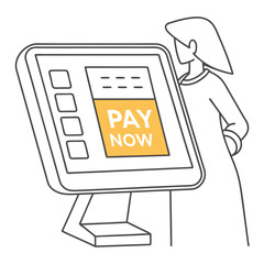 Woman using self-service kiosk with pay now option displayed  