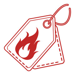 Fire symbol on red price tag with string for sales promotion  