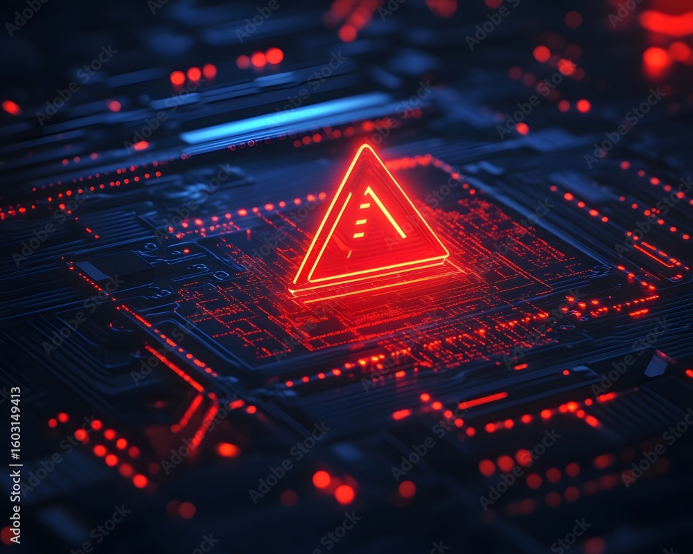 Aufkleber a close-up view of a futuristic circuit board showcasing a glowing red warning symbol. this image re