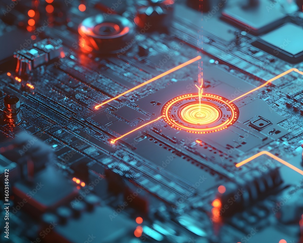 Poster a close-up view of a modern computer circuit board with glowing elements, showcasing advanced techno