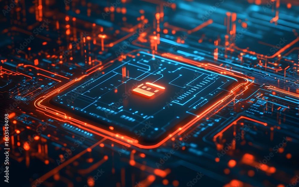 Poster a close-up view of a modern microchip encapsulated in intricate circuits, illustrating the fusion of