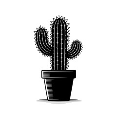 Cactus in Pot: A stark monochrome line art illustration showcases a prickly cactus in a simple pot, evoking a minimalist desert aesthetic.