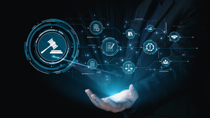 Futuristic digital law interface displaying justice scale, highlighting digital law, AI compliance, digital law systems, and digital law regulations for secure governance. Elide