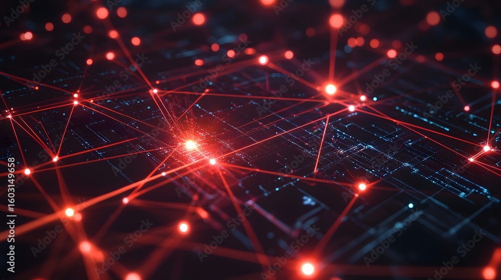 Poster a close-up view of interconnected nodes illuminated with red lights, symbolizing data flow and netwo