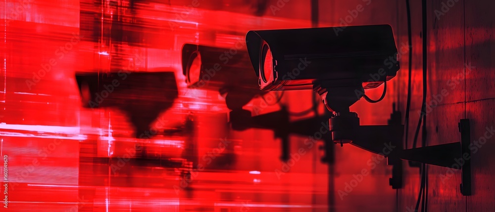 Poster a collection of surveillance cameras casting shadows against a vibrant red backdrop, symbolizing sec
