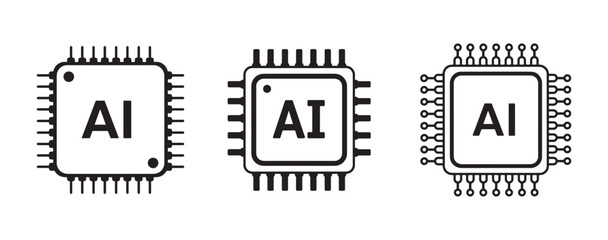 Minimalist black and white set of fourteen ai microchip icons for technology and data concepts