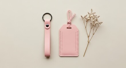 A pink leather keychain and luggage tag are displayed with a delicate dried flower on a neutral background