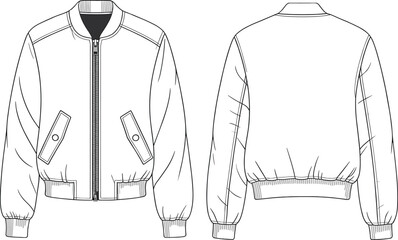 Front and back view bomber jacket technical sketch, zip-up outerwear drawing, fashion template design, casual streetwear apparel illustration, vector garment flat style

.