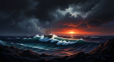 A mystical shoreline under rainy skies with a glowing sunset fading in the distance over the sea horizon.