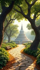 stone path, leading through a calm, sacred Buddhist forest.