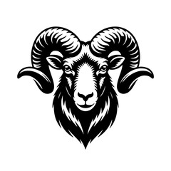 Majestic Ram Head: A striking monochrome line art illustration showcases a ram's head, emphasizing its powerful horns and intense gaze.