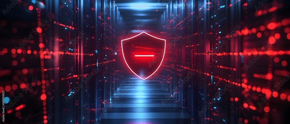 Poster a digital representation of cybersecurity with a red shield symbolizing protection, surrounded by vi