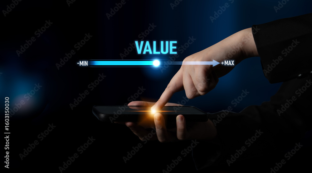 Poster value measurement and adjustment concept showing value, performance, and optimization level with foc
