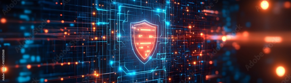 Poster a digital shield representing cybersecurity in a futuristic data environment. bright neon lights and