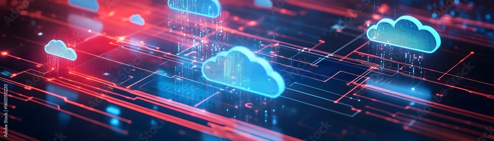Poster a dynamic representation of cloud computing, featuring glowing clouds and data streams