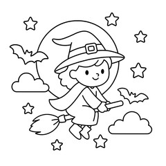 cute little witch flying on a broomstick coloring page