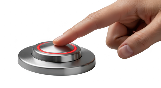 Finger pressing a modern illuminated metallic button isolated on white background